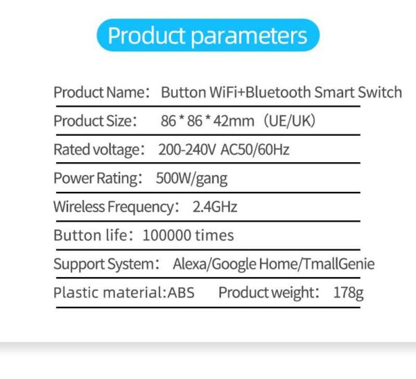 2021 DS-102JL-1 200-240V EU Wifi Blue tooth Controller Switch 1/2/3/4 Gang Touch Sensor Timer Wireless Smart Wall Light Switch - Image 4